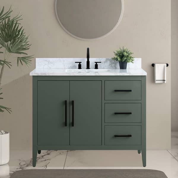 42 in. W x 22 in. D x 34 in. H Single Sink Bathroom Vanity Cabinet in Vintage Green with Engineered Marble Top