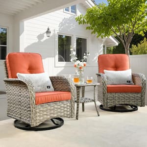 Vinceny Gray 3-Piece Wicker Patio Conversation Seating Set with Bold-stripe Orange Red Cushions and Swivel Chairs