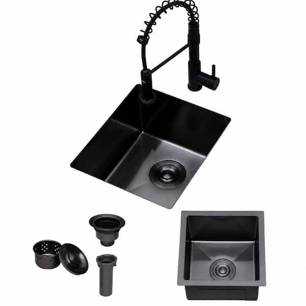 15 in. Undermount Single Bowl Black Handmade T304 Stainless Steel Bar Sink for RV and Outdoor Kitchen