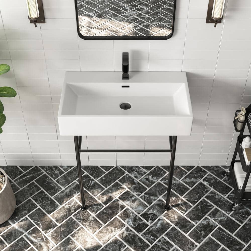 30" White Ceramic Console Sink with Black Stainless Steel Legs