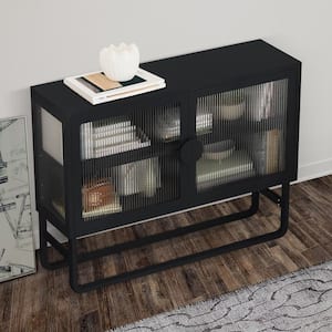 47.24 in. W x 13.58 in. D x 35.43 in. H Black Linen Cabinet Glass Cabinet Credenza 2-Fluted Glass Doors Adjustable Shelf