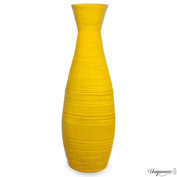 Yellow 24 in. Tapered Cylindrical Tall Bamboo Floor Vase with Flared Trumpet Top Decorative Accent for Dried Flowers