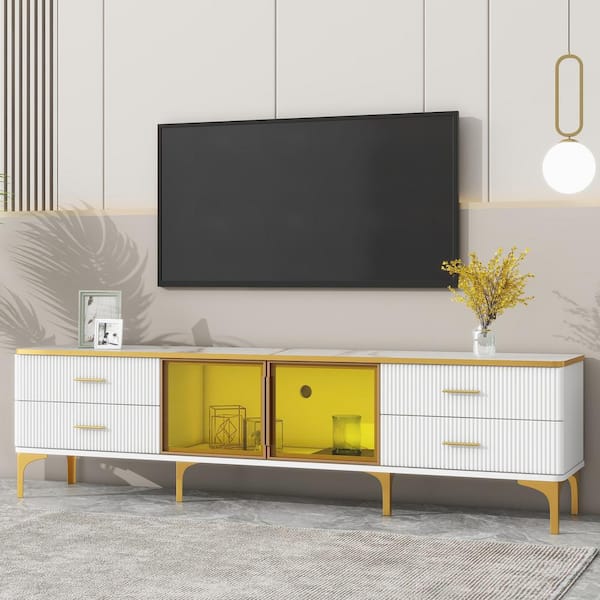 Nestfair 69 in. White TV Stand Fits TVs up to 78 in. with Marble-veined Table Top, Brown Glass Cabinet, LED Light and Drawers