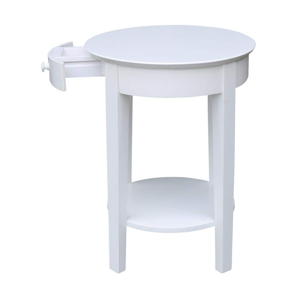 Elegant Round White Parawood Accent Table with Drawer and Shelf