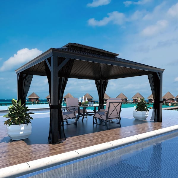 12 ft. x 16 ft. Aluminum Hardtop Gazebo with Galvanized Double Roof and Textilene Netting