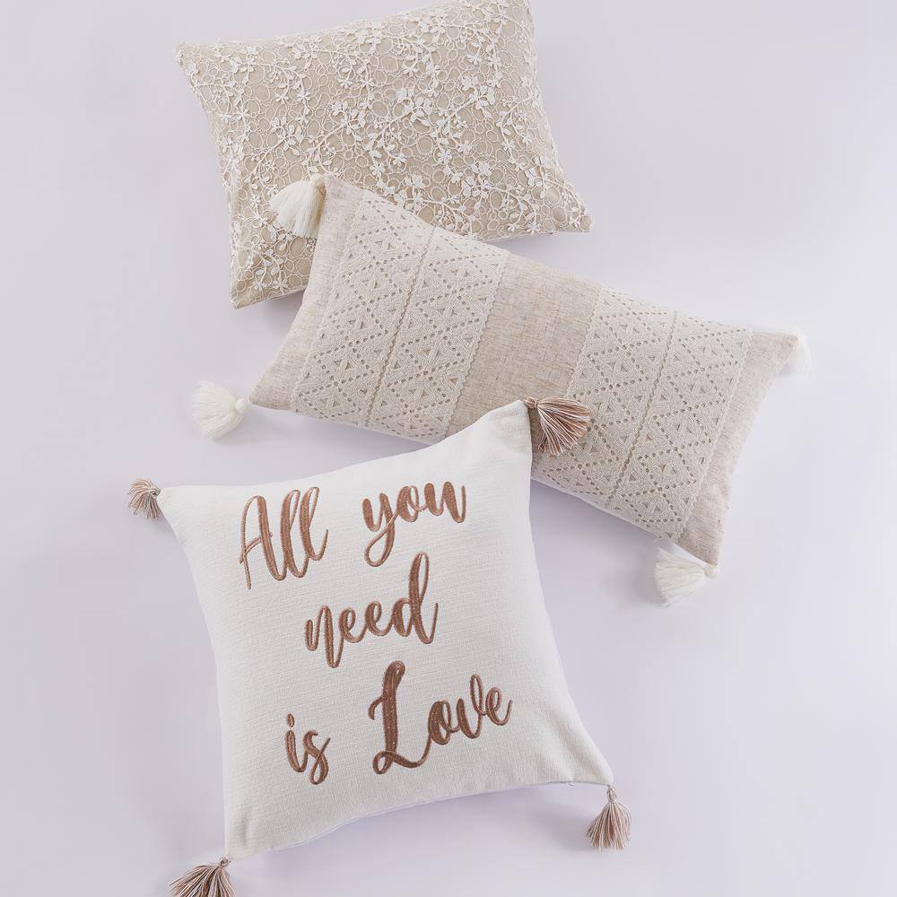 Sanira Cream and Taupe Embroidered Decorative Pillow with Tassels