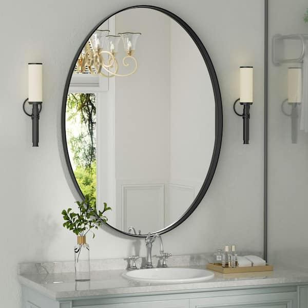 PAIHOME 22 in. W x 30 in. H Medium Oval Mirrors Metal Framed Wall Mirrors Bathroom Vanity Mirror Decorative Mirror in Black