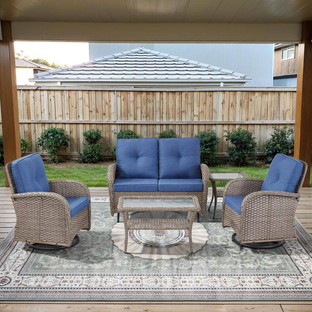 PlainCurve 5-Piece Gray Wicker Patio Conversation Set with Glider Loveseat and Olefin Navy Blue Cushions price history on PriceWatchPro