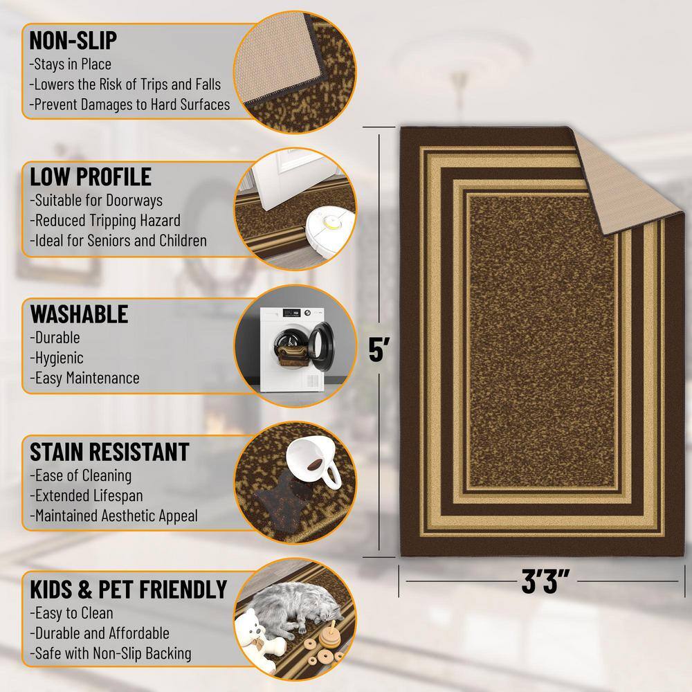 Brown and Beige Bordered Non-Slip Synthetic Area Rug