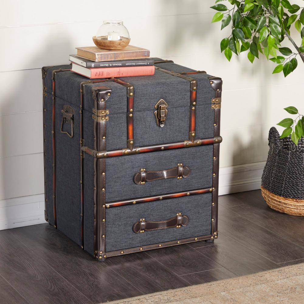 Dark Blue Linen Upholstered Wood End Table with Storage