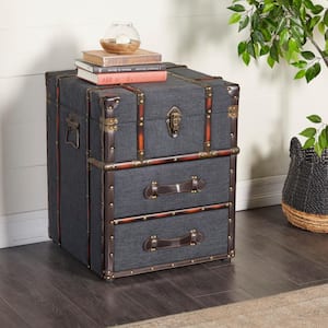 18 in. Blue Upholstered 2 Drawer Large Rectangle Wood End Table with Buckle Hinged Top