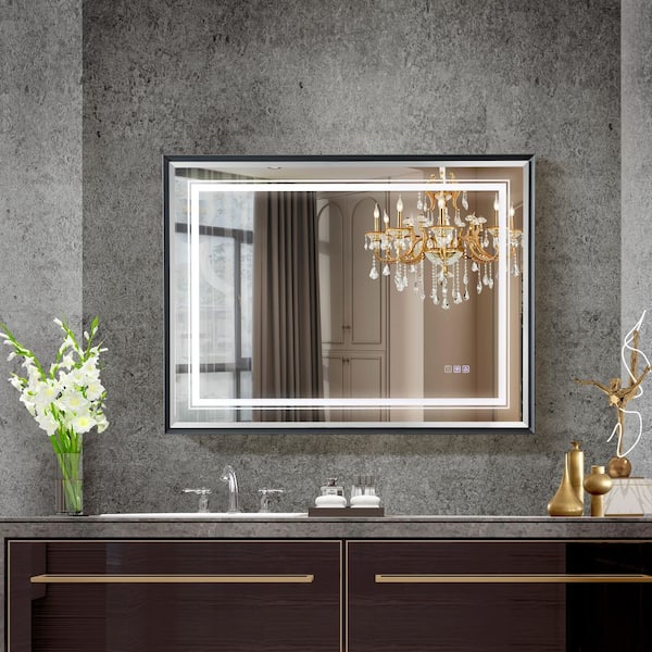 40 in. W x 30 in. H Rectangular Framed Anti-Fog LED Light with 3-Color Wall Mounted Bathroom Vanity Mirror in Grey