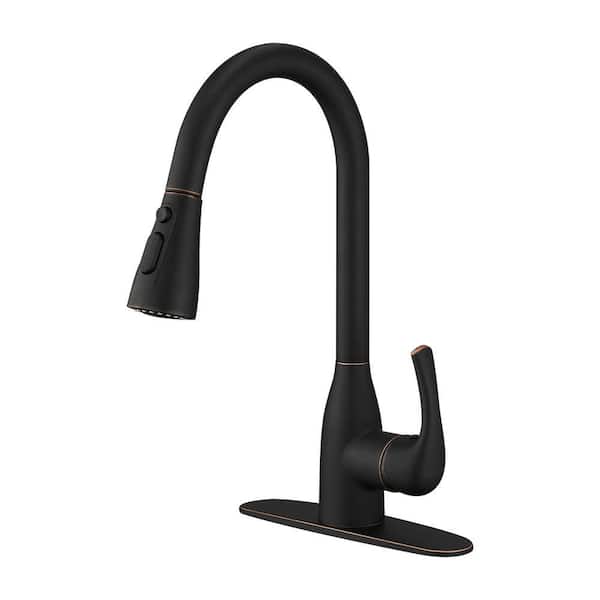 Gooseneck Single-Handle Pull Down Sprayer Kitchen Faucet with Deckplate Pull Out Sink Faucet in Oil Rubbed Bronze