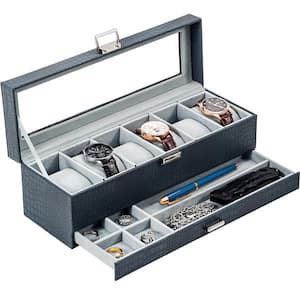 Blue 6 Slot Watch Box with Drawer, Luxury Watch Display Case, Jewelry and Watch Storage Watch Organizer for Men Women