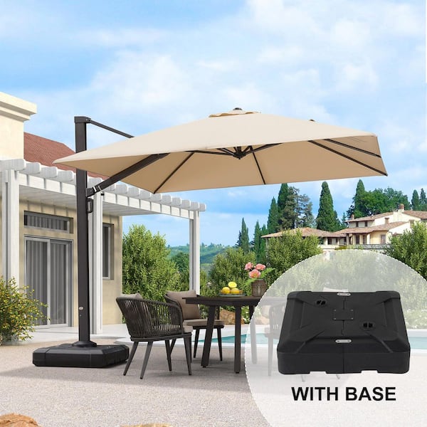 10 ft. Square Large Outdoor Aluminum Cantilever 360-Degree Rotation Patio Umbrella with Base, Beige