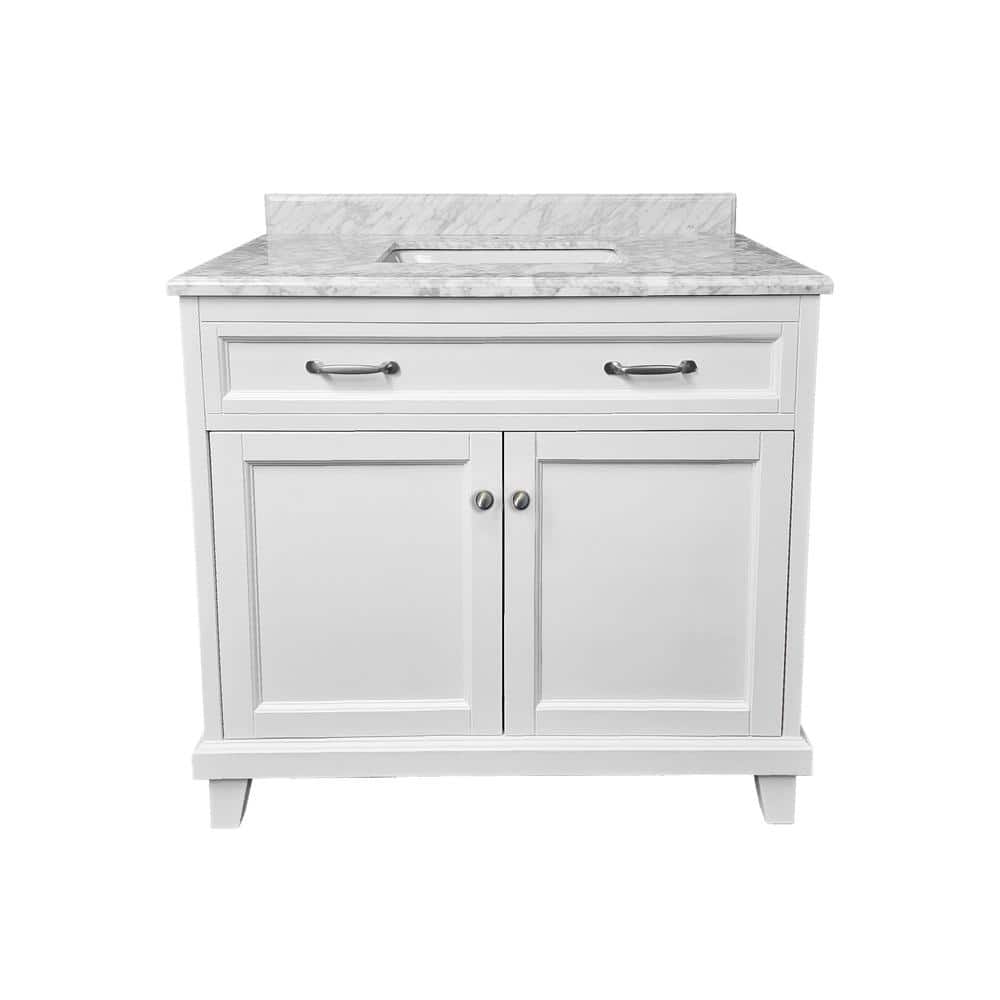 36" White Solid Wood Bathroom Vanity with Carrara Marble Top