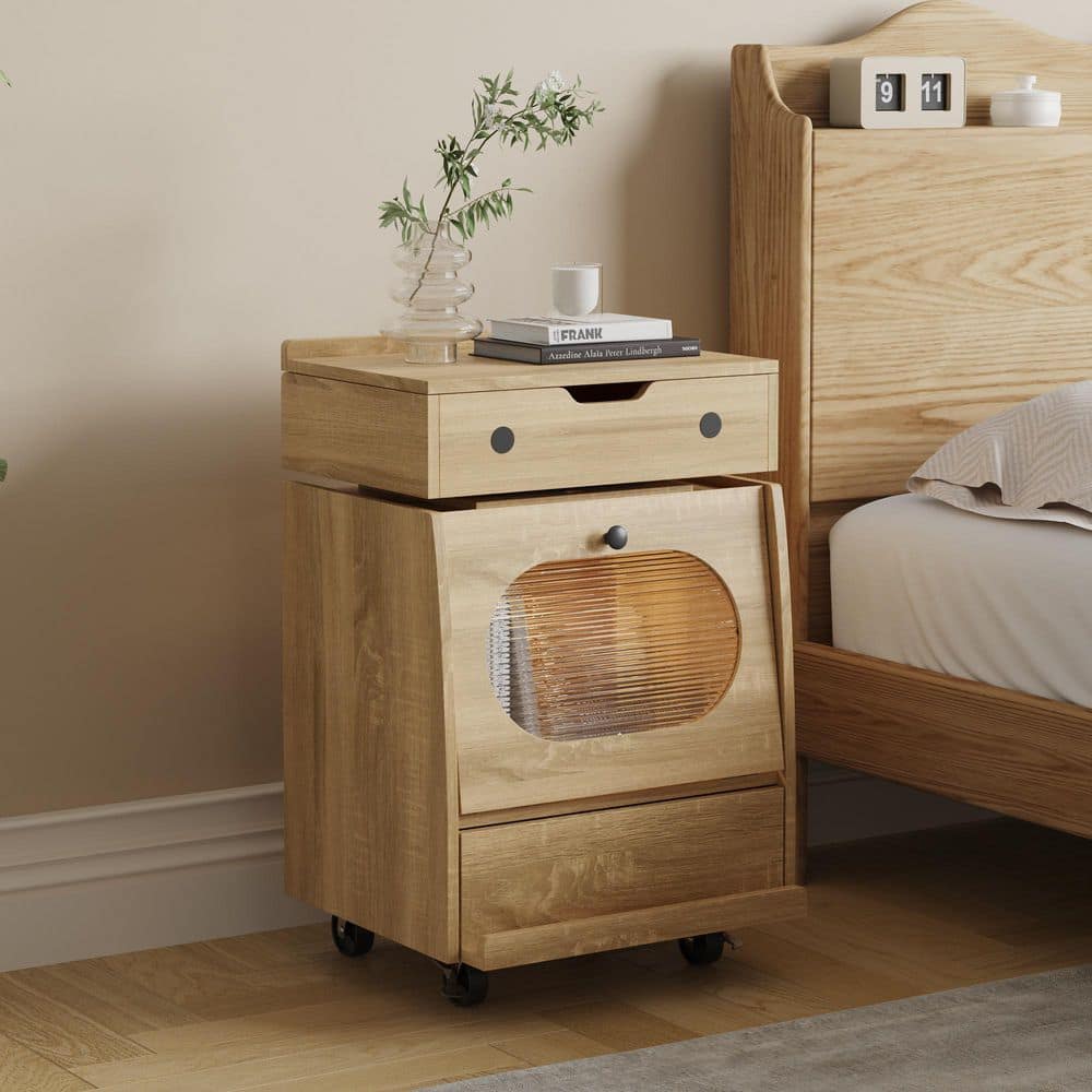 FUFU&GAGA Oak 2 Drawer 18.9 in. W Robot Nightstand with LED Lights