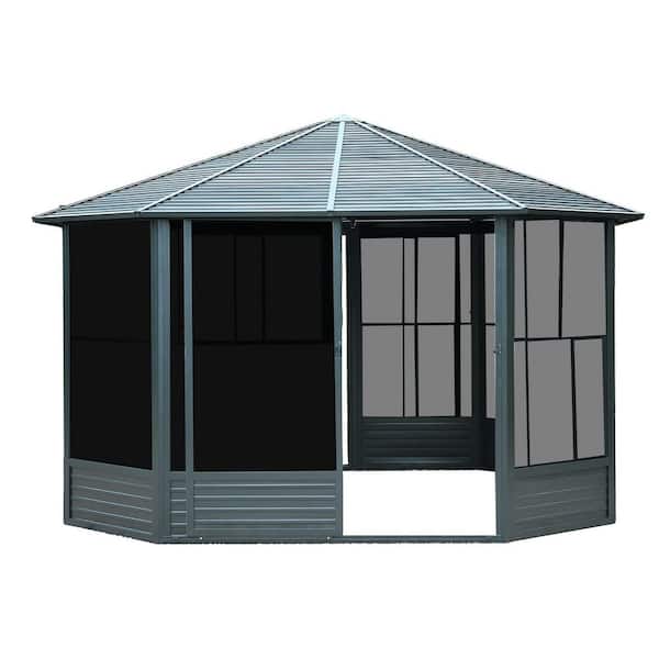 13 ft. x 13 ft. Gray Outdoor Gazebo with Lockable Sliding Door, Moveable PC Screen