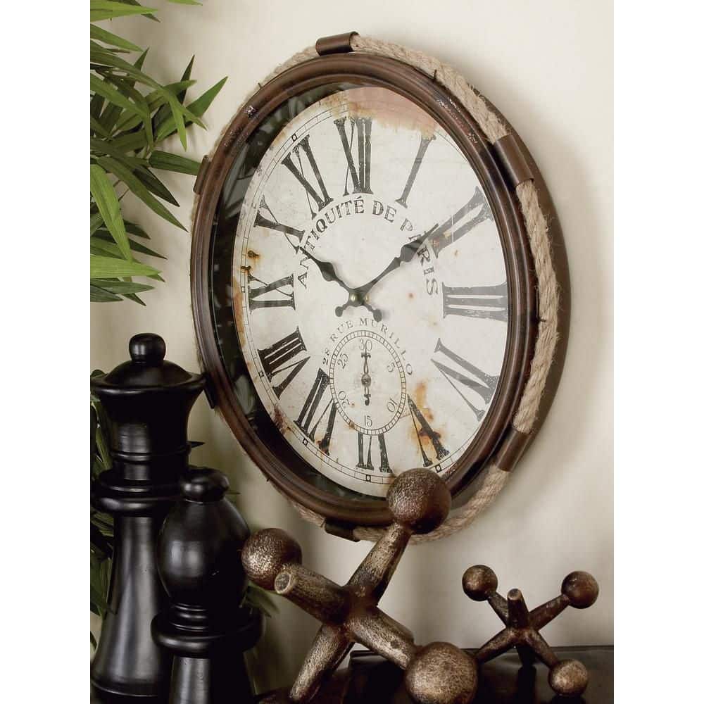 17" Brown Metal Wall Clock with Rope Frame and Distressed Cream Face