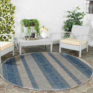 Courtyard Gray/Navy 4 ft. x 4 ft. Striped Geometric Indoor/Outdoor Patio  Round Area Rug