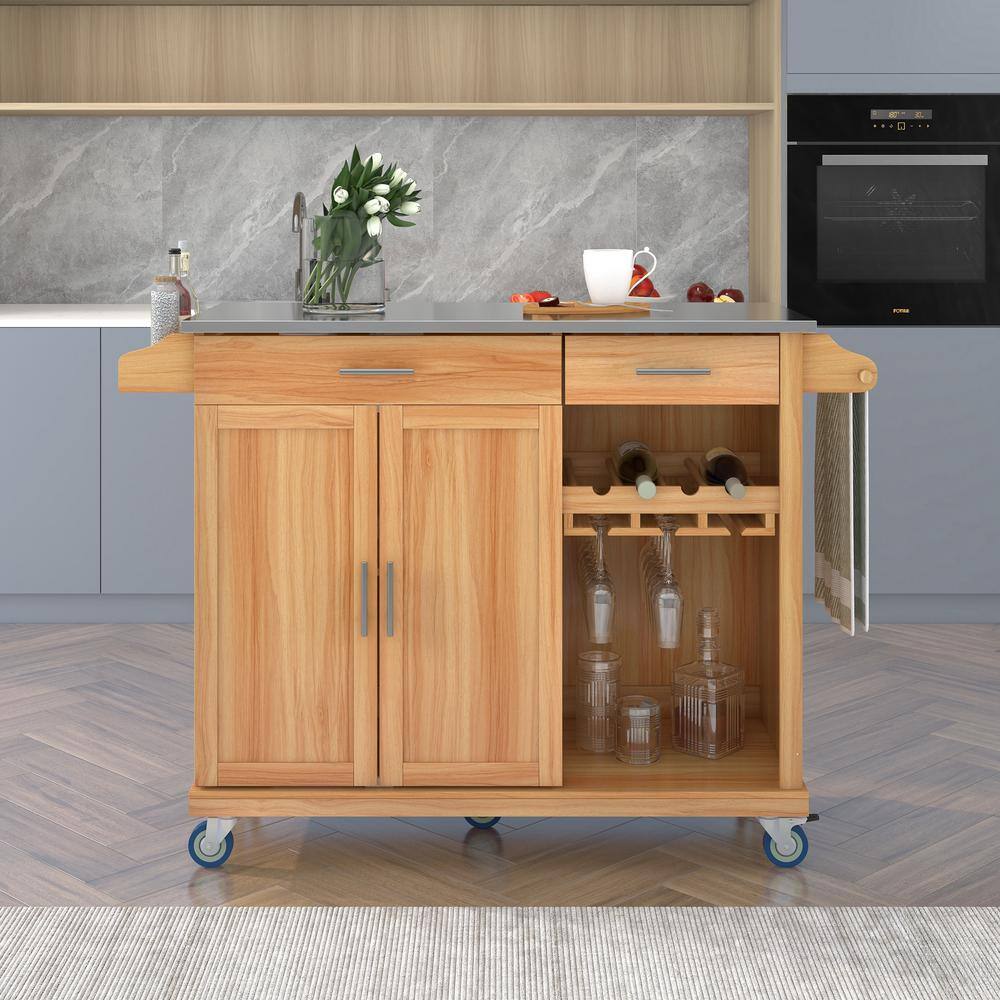 Brown Kitchen Island on 5 Wheels with Stainless Steel Top and 2