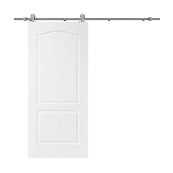 CALHOME 30 in. x 80 in. White Primed Composite MDF 2-Panel Arch Top Interior Sliding Barn Door with Hardware Kit