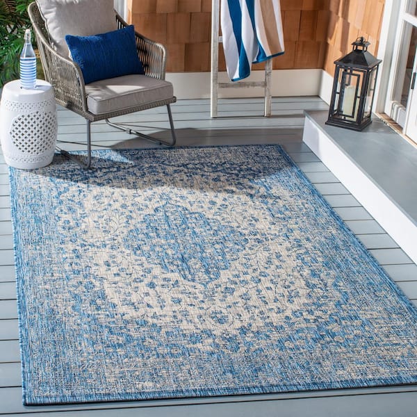 Courtyard Blue/Gray 9 ft. x 12 ft. Medallion Border Indoor/Outdoor Area Rug