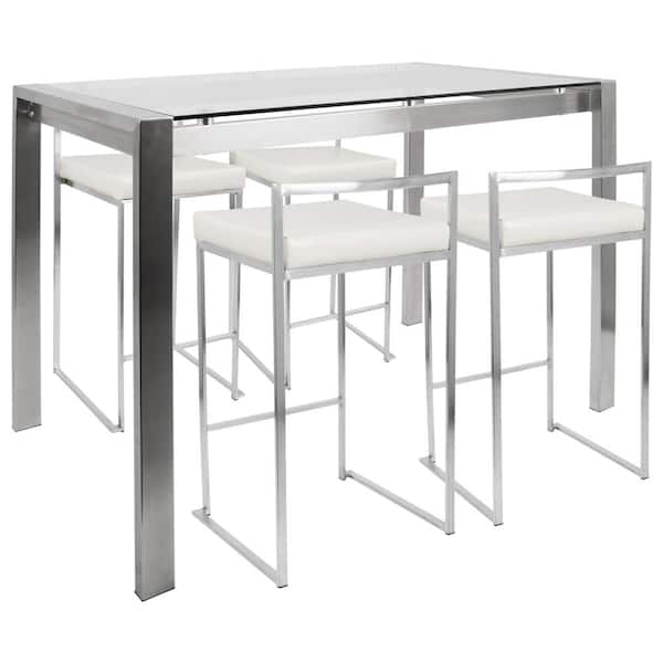 Lumisource Fuji 5-Piece White and Brushed Stainless Steel Counter Height Dining Set
