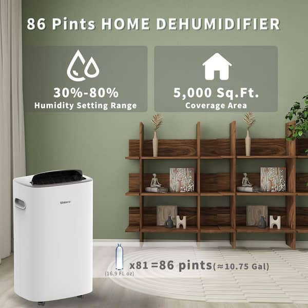 86-Pint Dehumidifier for 5,000 sq. ft. White, with Bucket, Drain Hose, and Auto Defrost