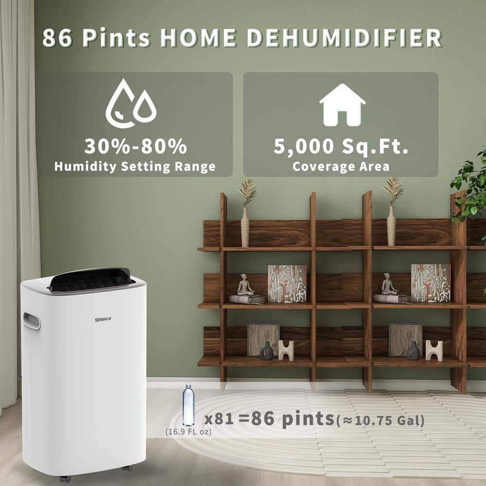 Shinco 86-Pint White Portable Dehumidifier with Drain Hose
