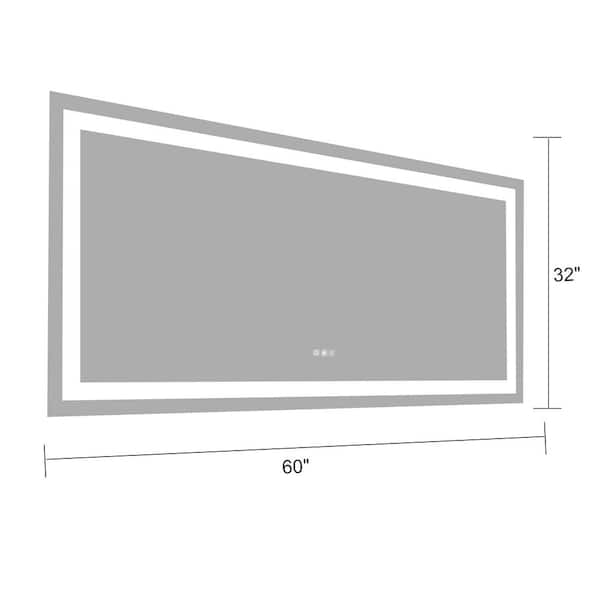 60 in. W x 32 in. H Rectangular Frameless Dimmer Anti-Fog Wall LED Bathroom Vanity Mirror in Silver