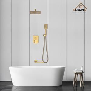 3-Spray Patterns 12 in. Wall Mount Dual Shower Heads with Hand Shower & Tub Spout in Brushed Gold (Valve Included)