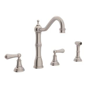 Edwardian Double Handle Standard Kitchen Faucet with Side Sprayer in Satin Nickel