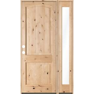 44 in. x 96 in. Rustic Unfinished Knotty Alder Arch-Top Right-Hand Right Full Sidelite Clear Glass Prehung Front Door