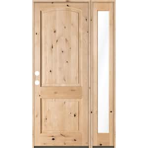 46 in. x 96 in. Rustic Unfinished Knotty Alder Arch-Top Right-Hand Right Full Sidelite Clear Glass Prehung Front Door