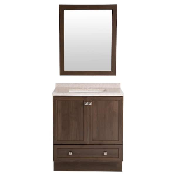 Glacier Bay Brookleigh 30 in. W x 19 in. D x 38 in. H Single Sink Bath Vanity in Bark with Corsica Solid Surface Top and Mirror