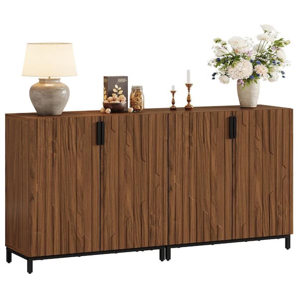 Ahlivia Walnut Wood 59 in. Modern Fluted Sideboard Buffet Cabinet with 4 Doors, Shelves, Coffee Bar Storage Cabinet