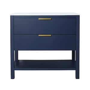 36 in. W x 18.3 in. D x 33.7 in. H Single Sink Bath Vanity in Navy Blue with White Resin Top and Two Drawers