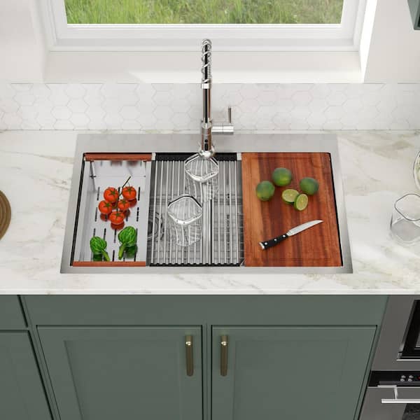 33 in. Drop-in Low Divide Double Bowl 50/50 Stainless Steel 16-Guage Workstation Kitchen Sink with Accessories