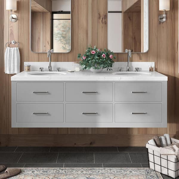 ARIEL Hutton 60.25 in. W x 22 in. D x 19.6 in. H Double Sink Freestanding Bath Vanity in Grey with Carrara White Quartz Top