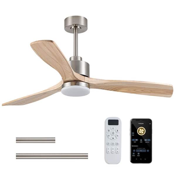 52 in. Brushed Nickel Wood Ceiling Mounted Low Profile Standard Ceiling Fan with Integrated LED, with Romote Control