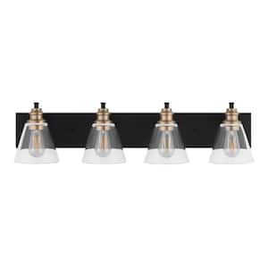 Manor 33 in. 4-Light Matte Black Industrial Bathroom Vanity Light with Vintage Brass Accents and Clear Glass Shades