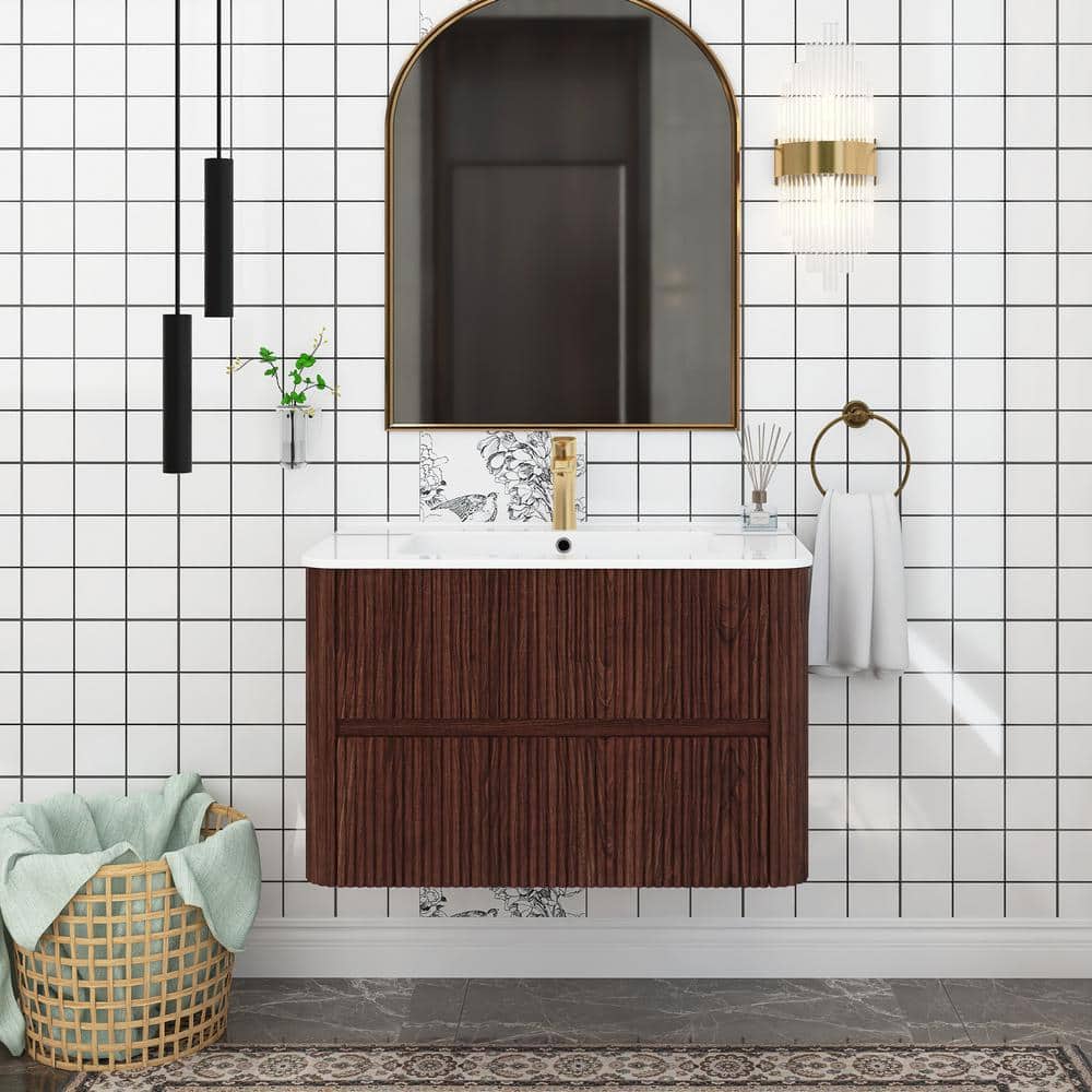 30 in. W Wall-Mounted Bath Vanity in Deep Walnut with White Ceramic Top