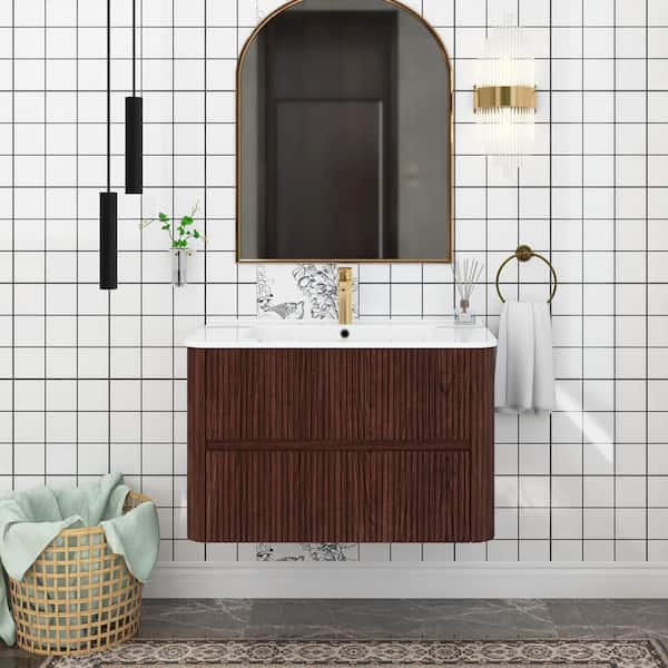 Unbranded 30 in. W Wall-Mounted Bath Vanity in Deep Walnut with White Ceramic Top
