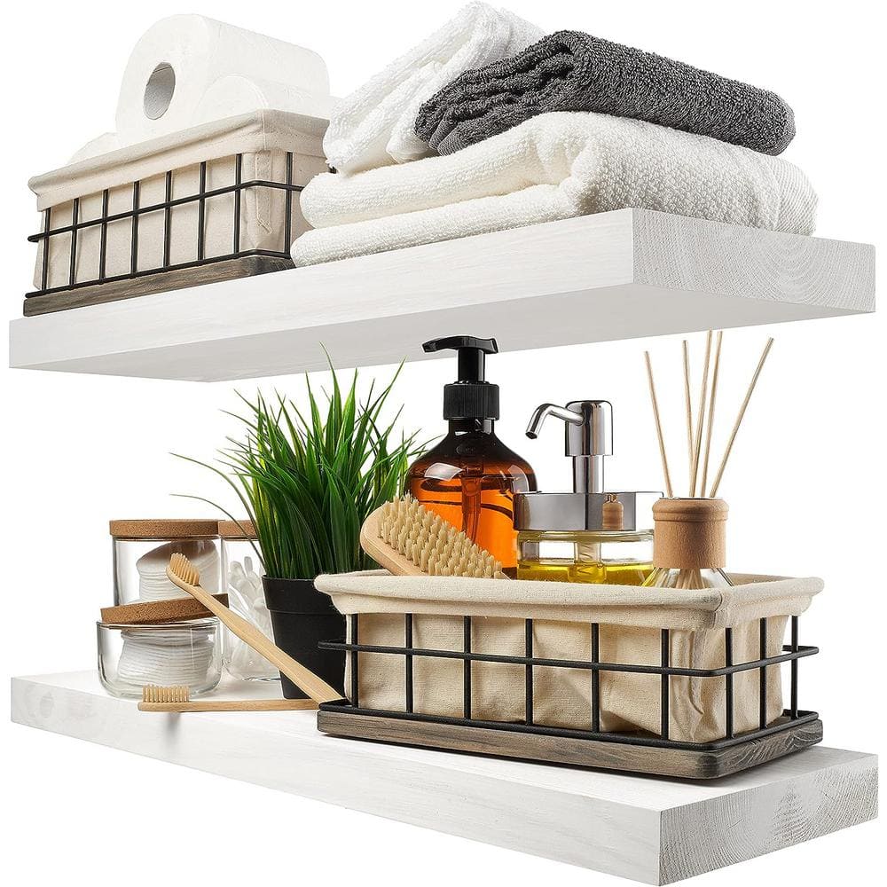 24 in. W x 6.7 in. D x 1.2 in. H White Wood Decorative Wall Shelf Floating 