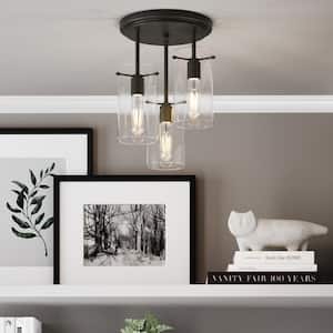 Ophelia Semi Flush Mount Ceiling Light, 15 in. Black 3-Light Kitchen Fixture with Glass Shade