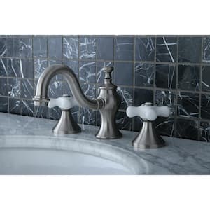 Porcelain Cross 8 in. Widespread 2-Handle High-Arc Bathroom Faucet in Brushed Nickel