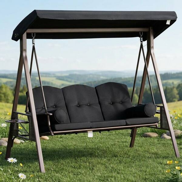 Ama pear Black 3-Person Metal Patio Swing Chair, Porch Swing with