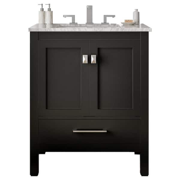 Aberdeen 30 in. Single Sink Espresso Bath Vanity with White Carrara Marble Top (Assembled)