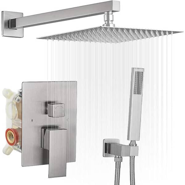 Single Handle 2-Spray Square High Pressure Shower Faucet with 16" Shower Head in Brushed Nickel (Valve Included)